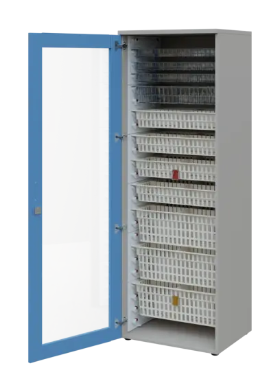 EUROMEDICA S - 66 skříň léková boxová, 1-dveřová/prosklená, levá, 1950x660x535, korpus šedý, dvířka pastelově modrá